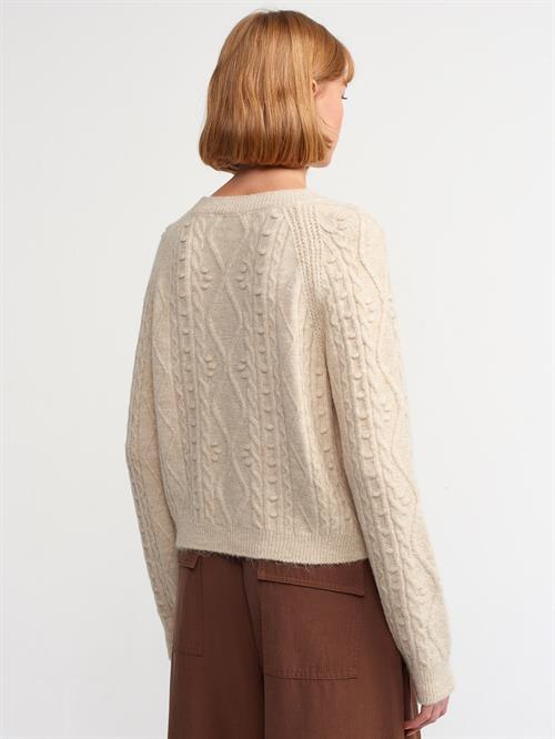 Wholesale Womens Beige Raglan-Sleeve Crew-Neck Knit Sweater with Rhinestone Embellishments