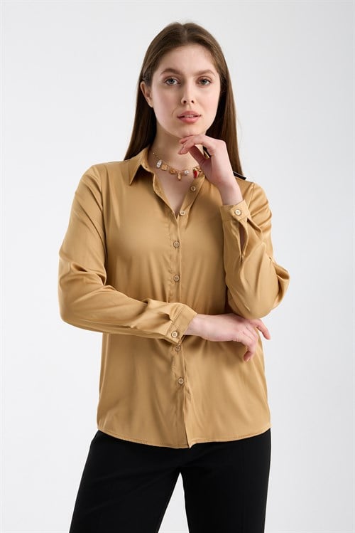 Wholesale Womens Beige Satin Long-Sleeve Shirt