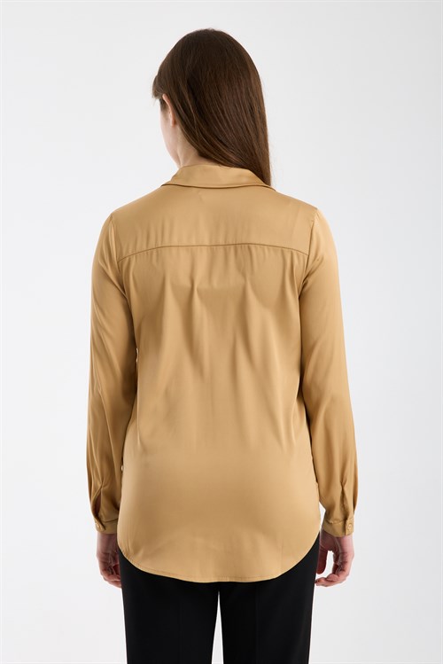 Wholesale Womens Beige Satin Long-Sleeve Shirt