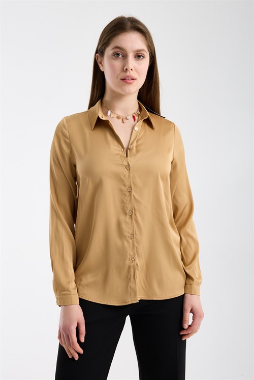 Wholesale Womens Beige Satin Long-Sleeve Shirt