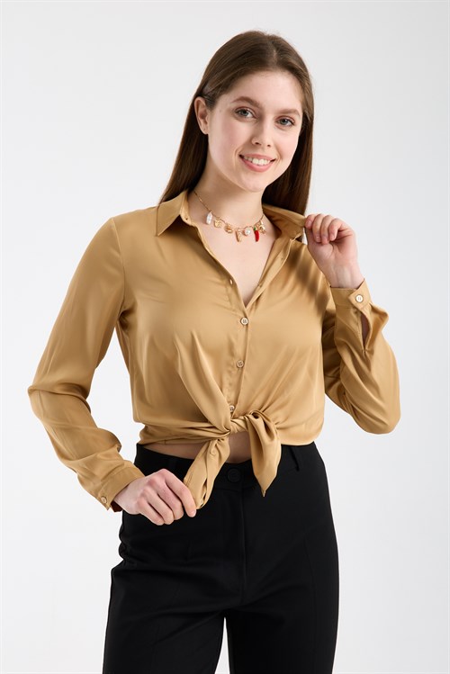 Wholesale Womens Beige Satin Long-Sleeve Shirt