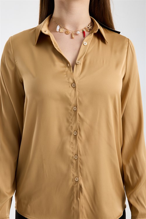 Wholesale Womens Beige Satin Long-Sleeve Shirt