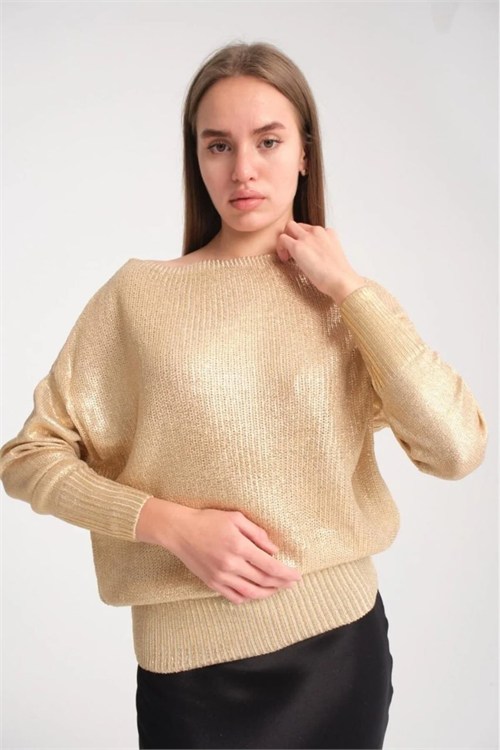 Wholesale Womens Beige Shimmering Foil Knit Sweater with Wide Cuffs