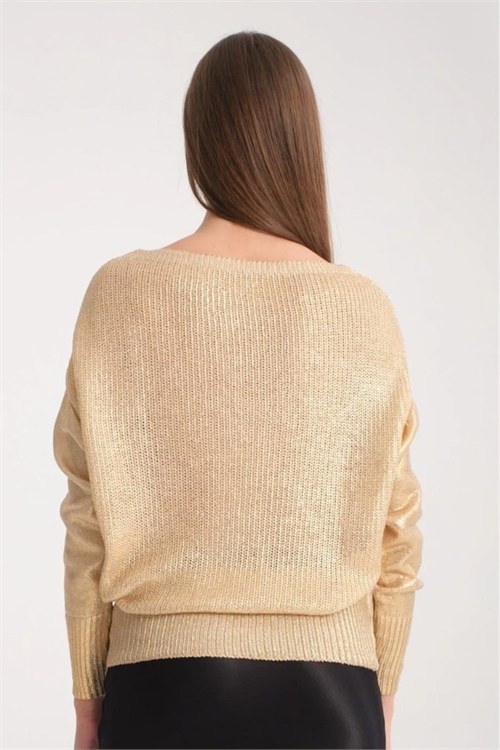 Wholesale Womens Beige Shimmering Foil Knit Sweater with Wide Cuffs