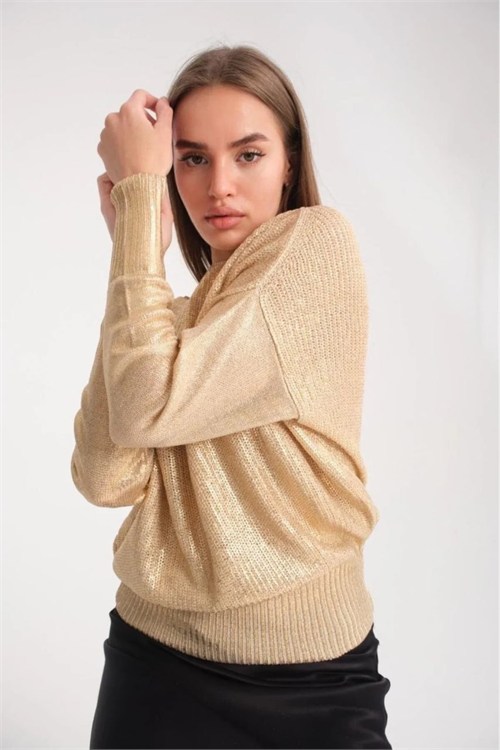 Wholesale Womens Beige Shimmering Foil Knit Sweater with Wide Cuffs