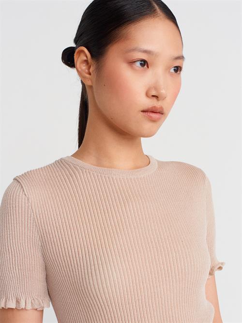 Wholesale Womens Beige Short-Sleeve Fine Knit Crew-Neck Blouse with Ruffled Trim