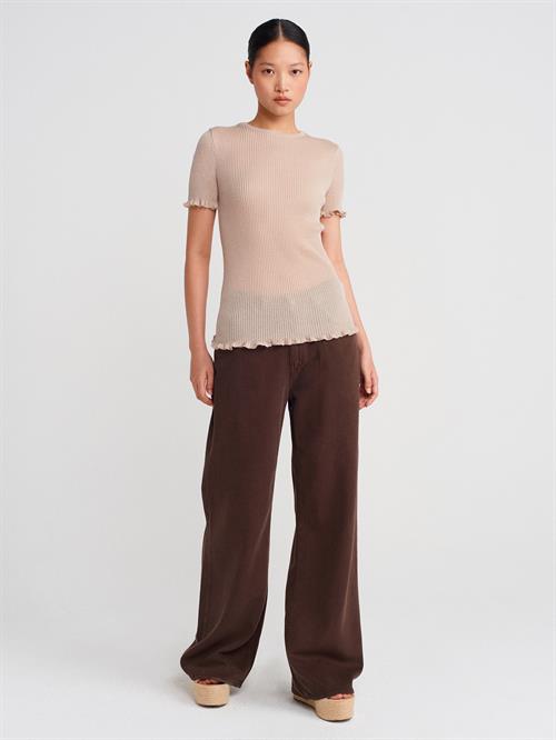 Wholesale Womens Beige Short-Sleeve Fine Knit Crew-Neck Blouse with Ruffled Trim