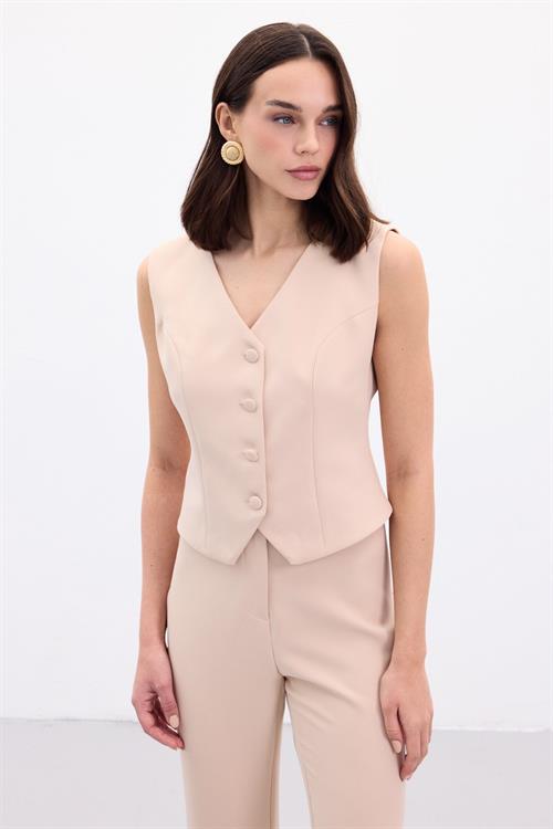 Wholesale Womens Beige Single-Breasted Waistcoat