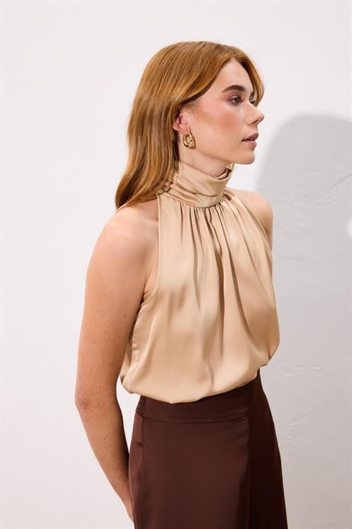 Wholesale Womens Beige Sleeveless Mock-Neck Blouse