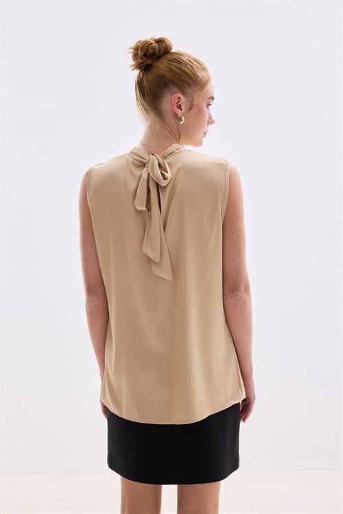 Wholesale Womens Beige Sleeveless Mock-Neck Satin Blouse