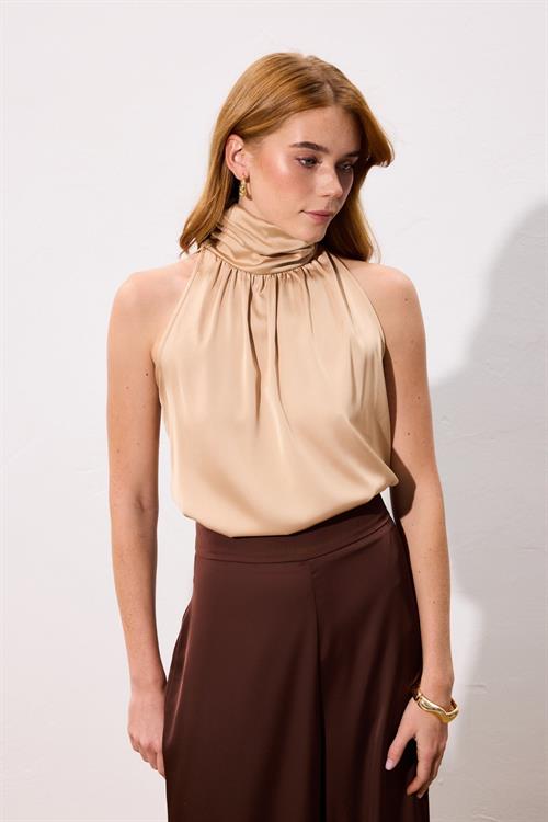 Wholesale Womens Beige Sleeveless Mock-Neck Blouse