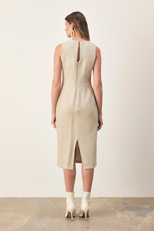 Wholesale Womens Beige Sleeveless Tweed Midi Dress