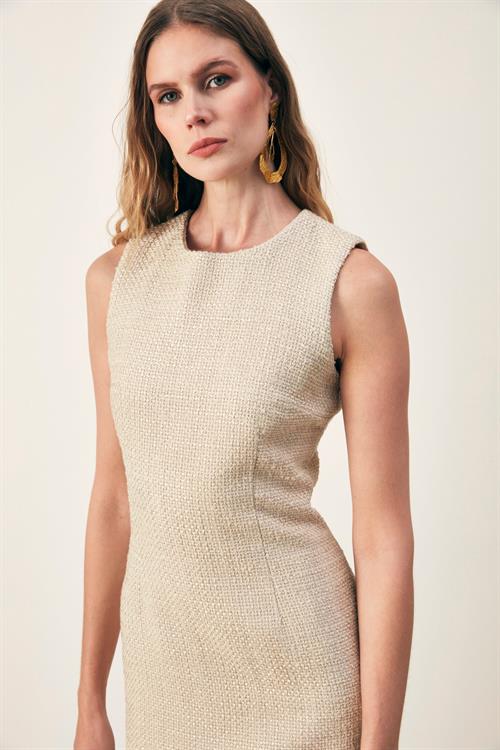 Wholesale Womens Beige Sleeveless Tweed Midi Dress