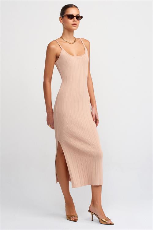 Wholesale Womens Beige Thin Strap Knit Dress with Side Slit