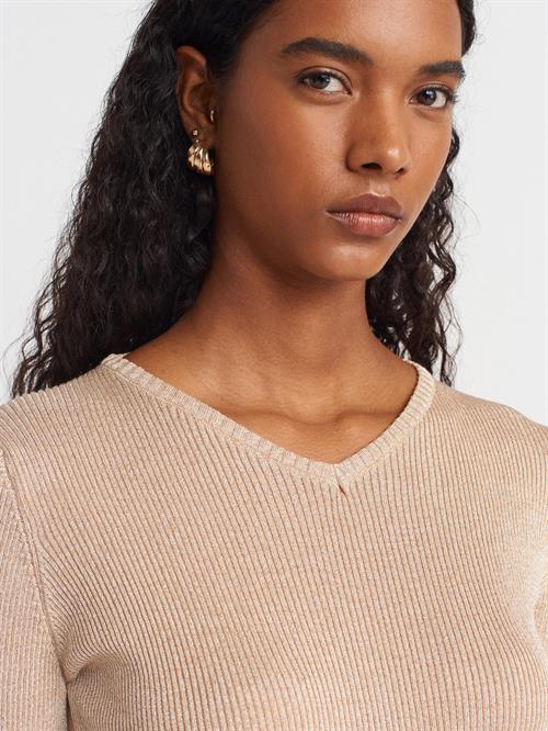 Wholesale Womens Beige V-Neck Lurex Knit Sweater