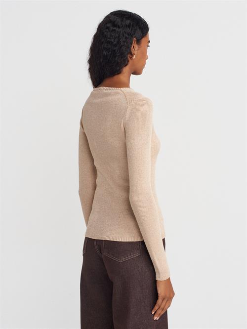 Wholesale Womens Beige V-Neck Lurex Knit Sweater