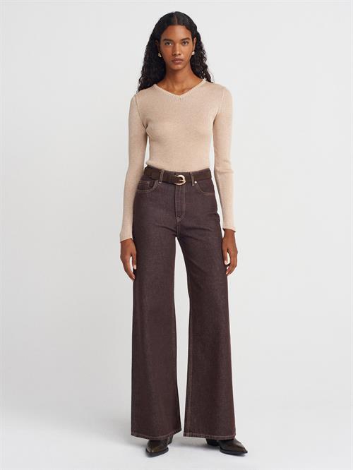 Wholesale Womens Beige V-Neck Lurex Knit Sweater