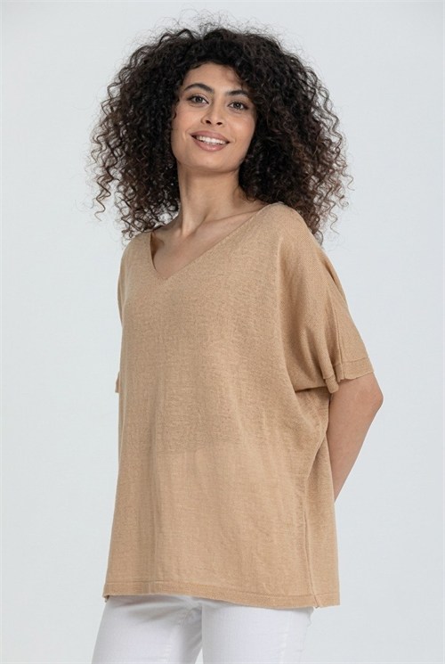 Wholesale Womens Beige V-Neck Mercerized Knit Sweater with Short Sleeves