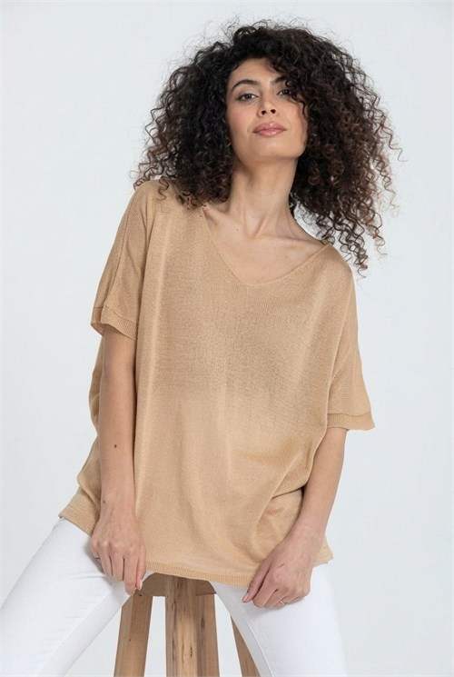 Wholesale Womens Beige V-Neck Mercerized Knit Sweater with Short Sleeves