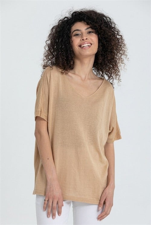 Wholesale Womens Beige V-Neck Mercerized Knit Sweater with Short Sleeves