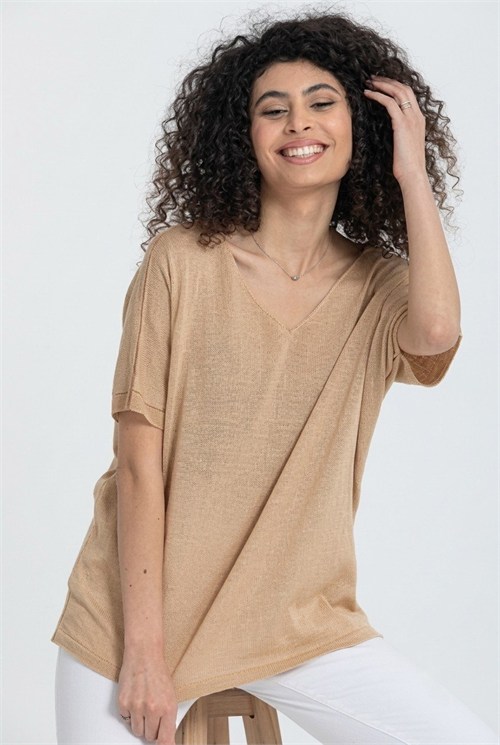 Wholesale Womens Beige V-Neck Mercerized Knit Sweater with Short Sleeves
