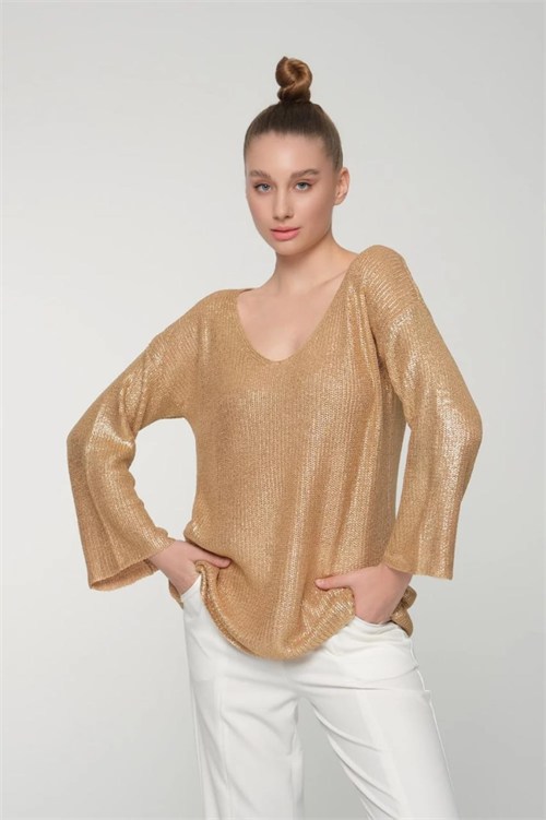Wholesale Womens Beige V-Neck Shimmering Foil Knit Sweater