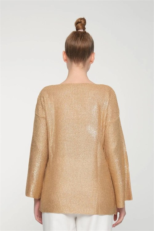Wholesale Womens Beige V-Neck Shimmering Foil Knit Sweater