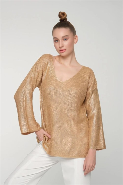 Wholesale Womens Beige V-Neck Shimmering Foil Knit Sweater