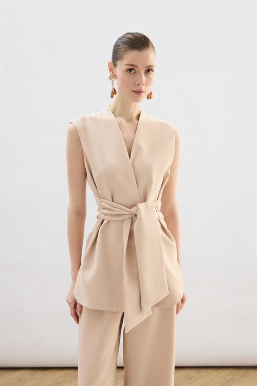 Wholesale Womens Beige Waistcoat with Belt