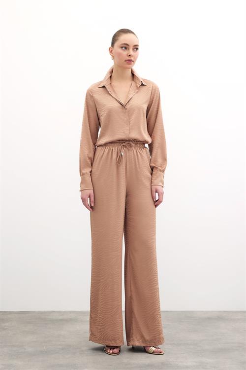 Wholesale Womens Beige Zebra Patterned Trousers with Elastic Waist