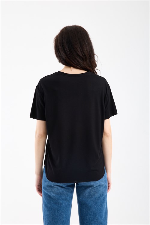 Wholesale Womens Black Basic T-Shirt with Side Slits