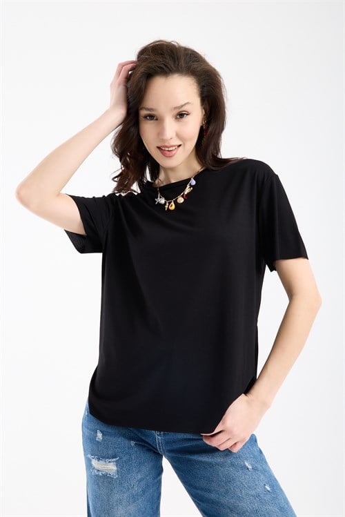 Wholesale Womens Black Basic T-Shirt with Side Slits