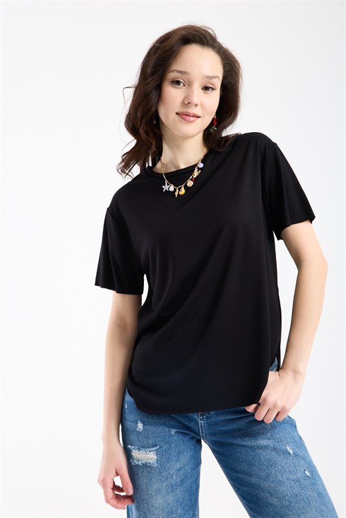 Wholesale Womens Black Basic T-Shirt with Side Slits