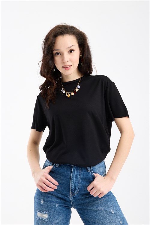 Wholesale Womens Black Basic T-Shirt with Side Slits