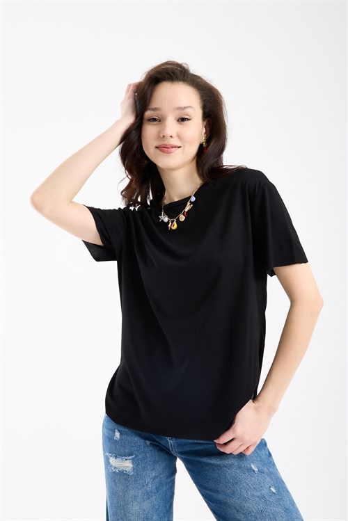 Wholesale Womens Black Basic T-Shirt with Side Slits