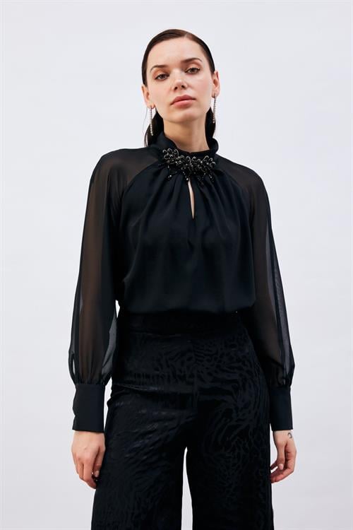 Wholesale Womens Black Blouse with Chiffon Bishop Sleeves and Front Accessory