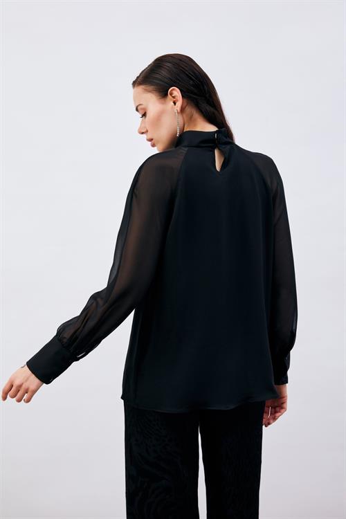 Wholesale Womens Black Blouse with Chiffon Bishop Sleeves and Front Accessory