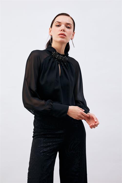 Wholesale Womens Black Blouse with Chiffon Bishop Sleeves and Front Accessory