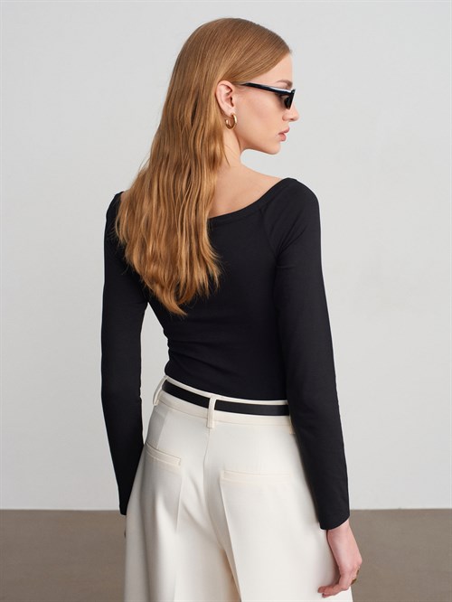 Wholesale Womens Black Bodysuit with Button-Up Half Placket