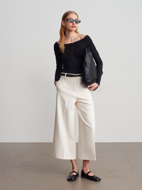 Wholesale Womens Black Bodysuit with Button-Up Half Placket