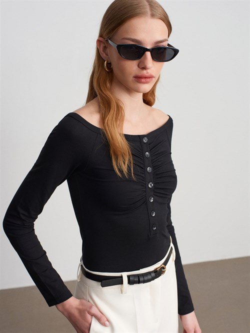 Wholesale Womens Black Bodysuit with Button-Up Half Placket