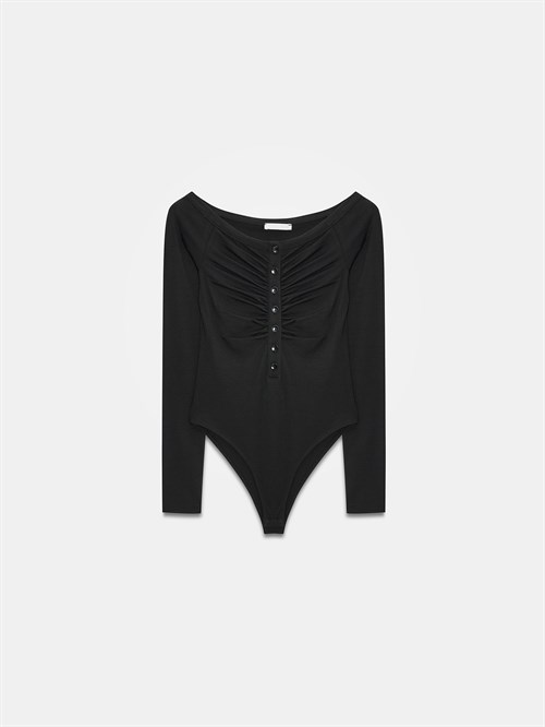 Wholesale Womens Black Bodysuit with Button-Up Half Placket