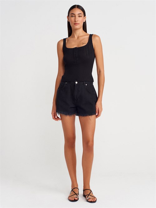 Wholesale Womens Black Button-Front Square-Neck Top