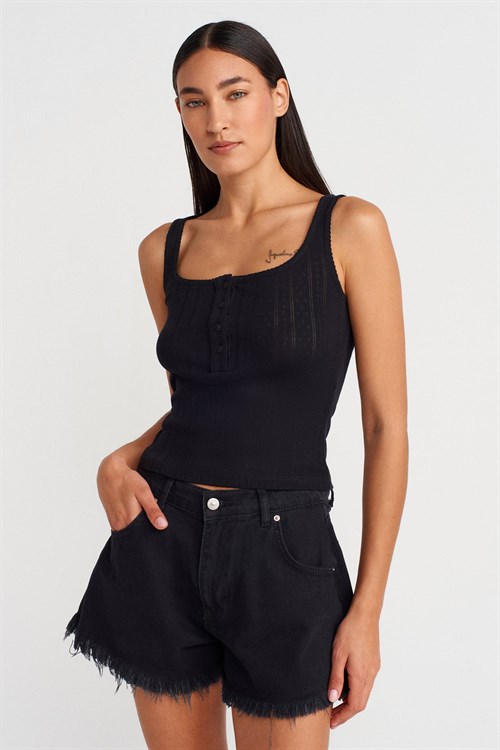 Wholesale Womens Black Button-Front Square-Neck Top