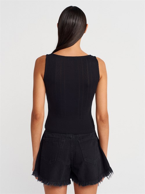 Wholesale Womens Black Button-Front Square-Neck Top