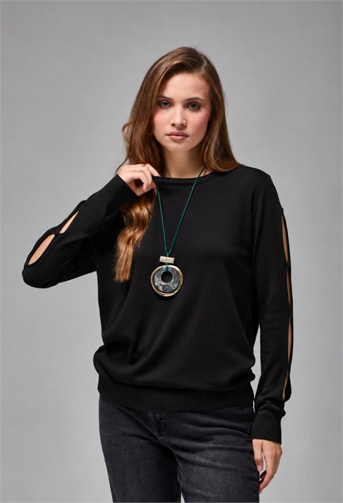 Wholesale Womens Black Buttoned Cut-Out Sleeve Knit Sweater