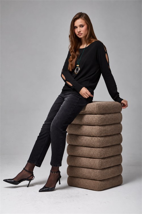 Wholesale Womens Black Buttoned Cut-Out Sleeve Knit Sweater