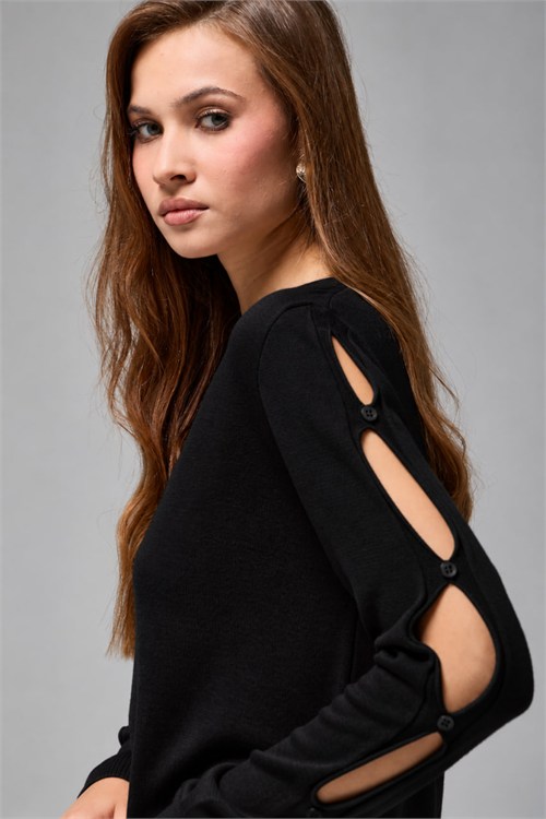 Wholesale Womens Black Buttoned Cut-Out Sleeve Knit Sweater