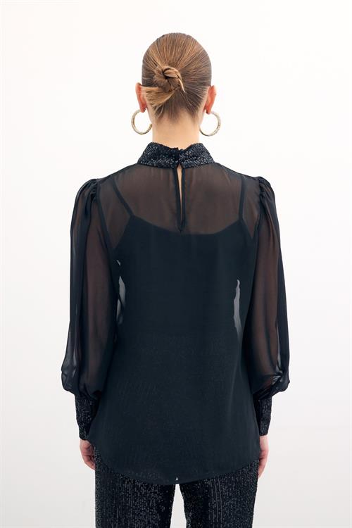Wholesale Womens Black Chiffon Blouse with Sequin-Embellished Collar and Cuffs