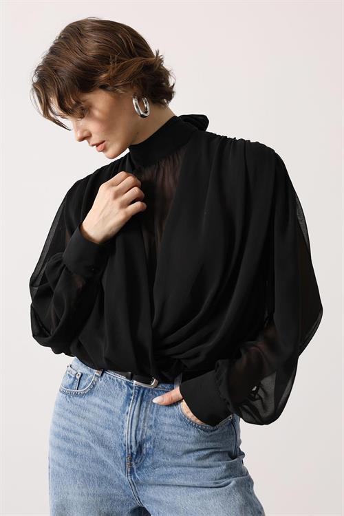 Wholesale Womens Black Chiffon Blouse with Tie-Neck